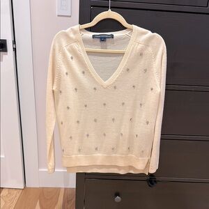 French Connection Cream V-Neck Sweater with Silver Accents